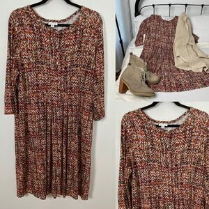 J Jill Midi Dress Sz L Brown Abstract Stretchy Knit Long Sleeve Pleated Pockets‎